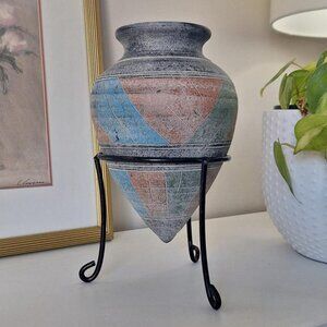 Vintage Terracotta Pottery Vessel vase jug pot black metal stand clay Ampulla